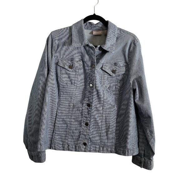 Chicos Women Sz 2/M Blue/White Railroad Engineer Striped Button Up Jean Jacket - Picture 1 of 11